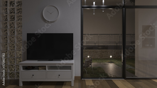 Nighttime Rendering of the Television Set Inside an Illuminated Room with Glass Doors 3D Rendering