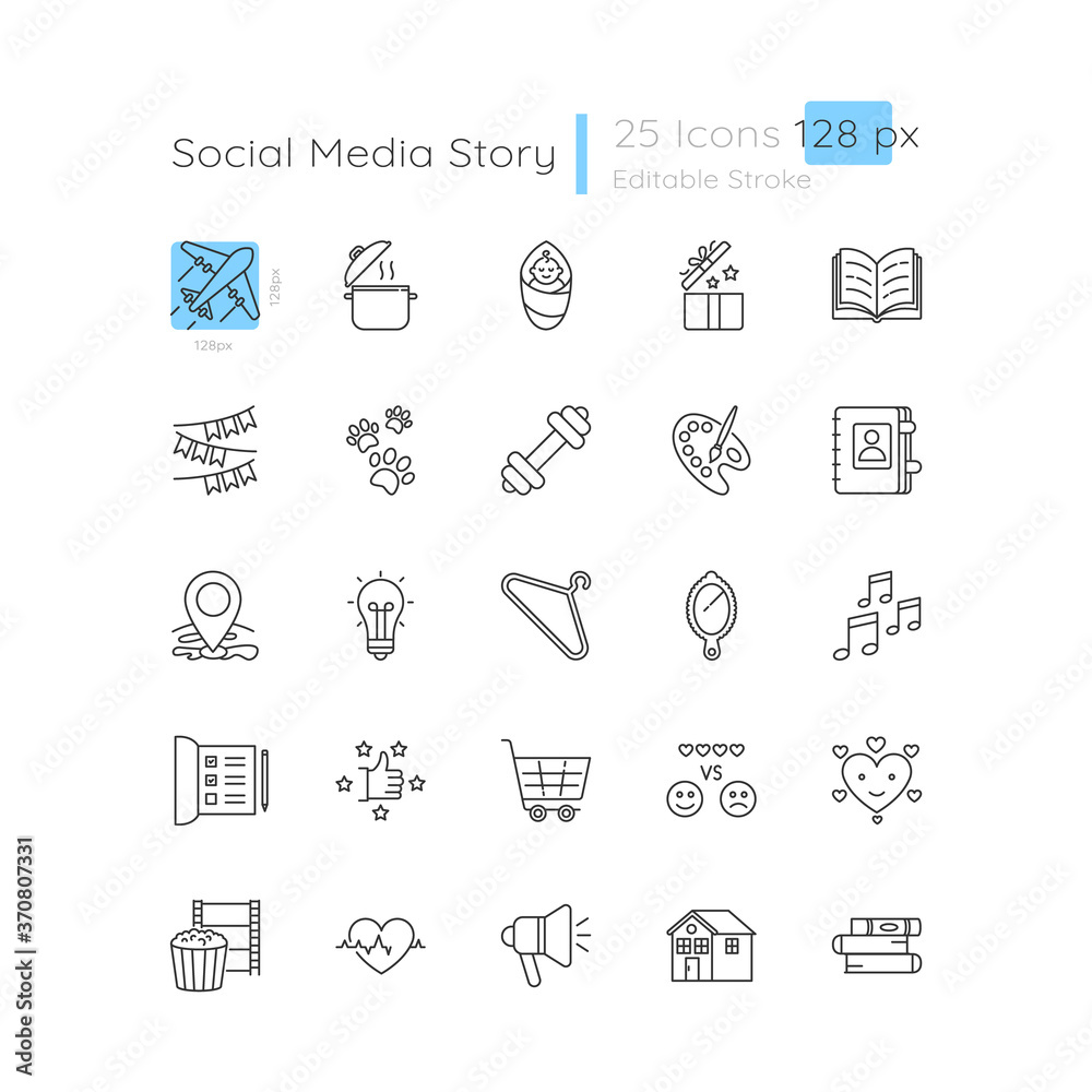 Social media highlight linear icons set. Lifestyle recommendation for online blog. Customizable thin line contour symbols. Isolated vector outline 128 x 128 px illustrations. Editable stroke