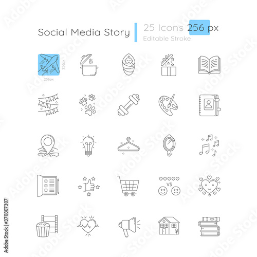 Social media story linear icons set. Travel and tourism. Cooking recipe. Creative hobby. Customizable thin line contour symbols. Isolated vector outline 256 x 256 px illustrations. Editable stroke