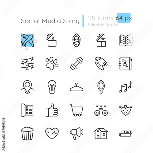 Blog story highlight linear icons set. Fashion and film recommendation. Lifestyle and hobby. Customizable thin line contour symbols. Isolated vector outline 64 x 64 px illustrations. Editable stroke