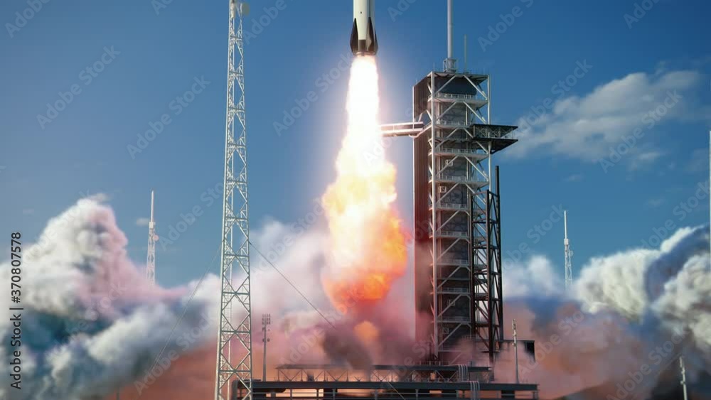 Launch Pad Complex: Successful Rocket Launching with Crew on a Space Exploration Mission. Flying Spaceship Blasts Flames and Smoke on a Take-Off. Humanity in Space, Conquering Universe