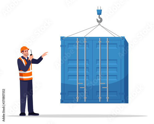 Dock worker semi flat RGB color vector illustration. Man controlling container loading. Port worker in hard hat with walkie talkie radio isolated cartoon character on white background