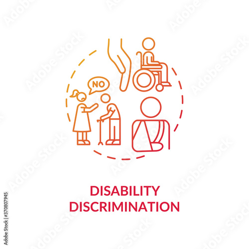 Disability discrimination concept icon. Disabled people mistreatment idea thin line illustration. Accessibility. Human rights. Social work. Vector isolated outline RGB color drawing