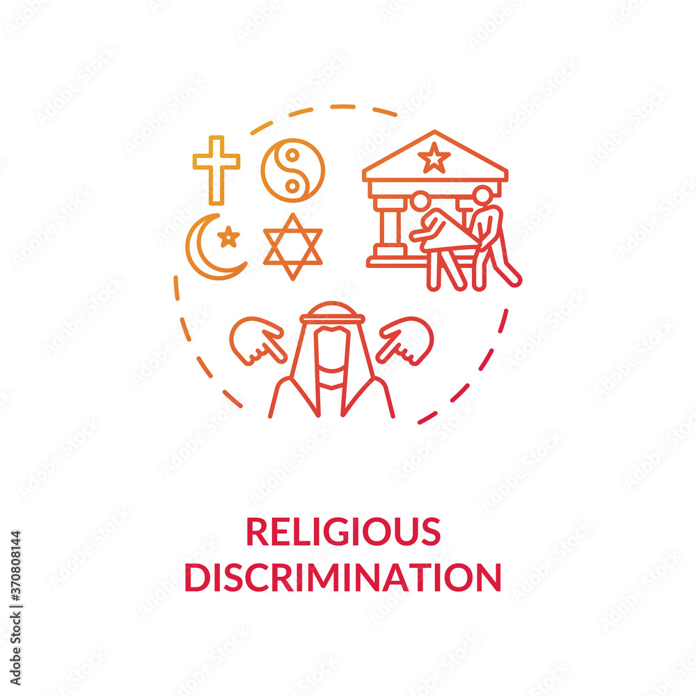 Religious discrimination concept icon. Mistreatment based on religion idea thin line illustration. Segregation. Human rights. Religious prejudice. Vector isolated outline RGB color drawing