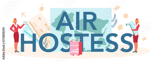 Air hostess typographic header. Beautiful female flight attendants