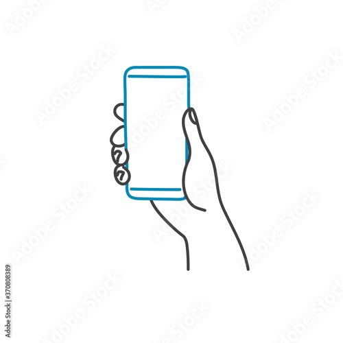 Human hand holding a mobile phone. Line drawing vector illustration.