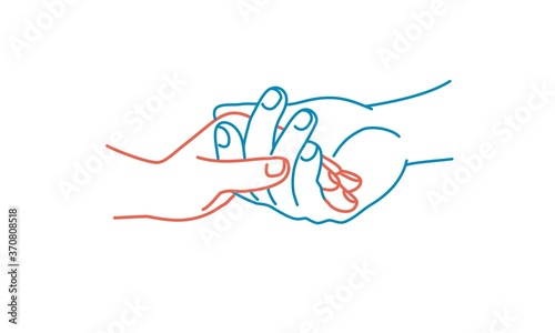 Male hand holding female hand. Line drawing vector illustration.