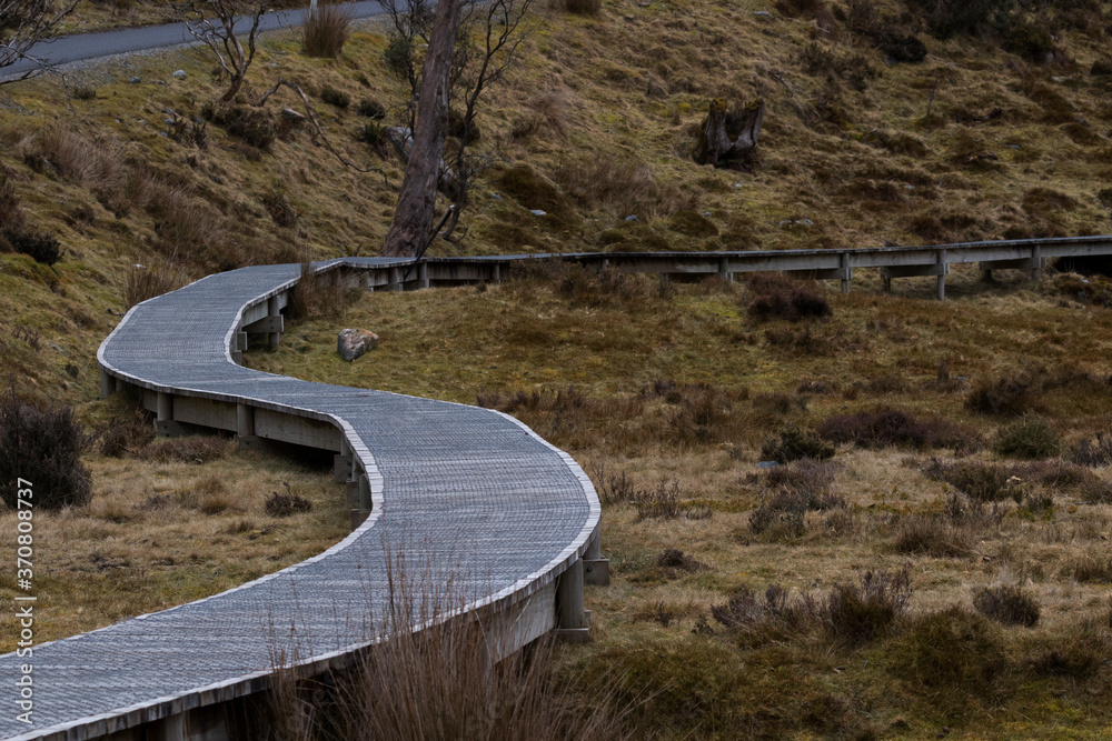 Boardwalk in Cradle Valley of Cradle Mountain National Park Stock Photo