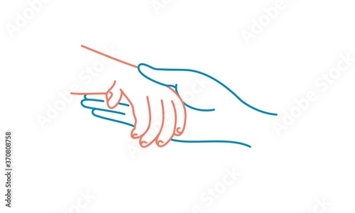 Adult hand holds a child's hand. Line drawing vector illustration.