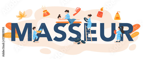 Masseur typographic header. Spa procedure in beauty salon. Back