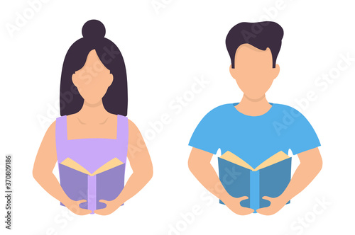 Vector isolated illustration reading a book portrait waist-deep. Woman and a man with a book in their hands in a flat.Library applications, bookstores, bookcrossing, training, preparation for exams