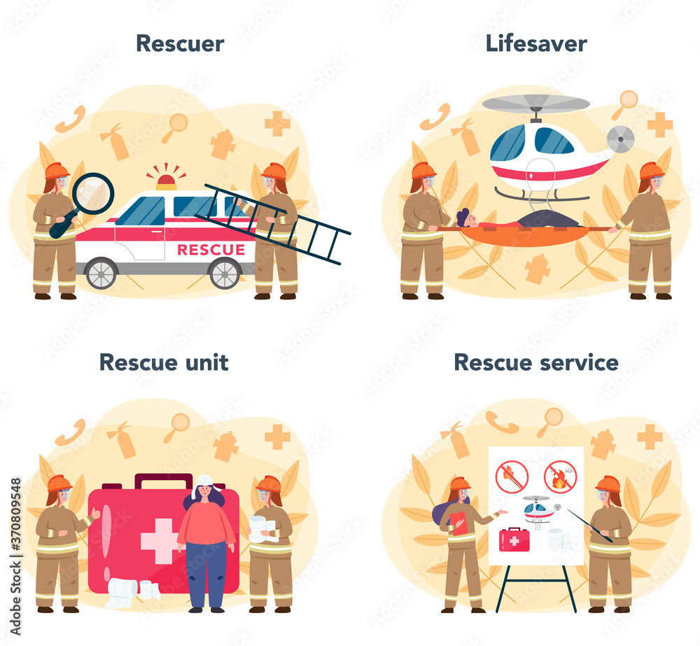 Urgency rescuer help set. Ambulance lifeguard in uniform assisting