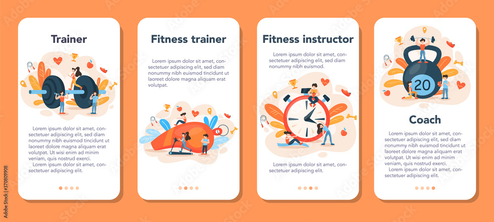Fitness trainer mobile application banner set. Workout in the gym