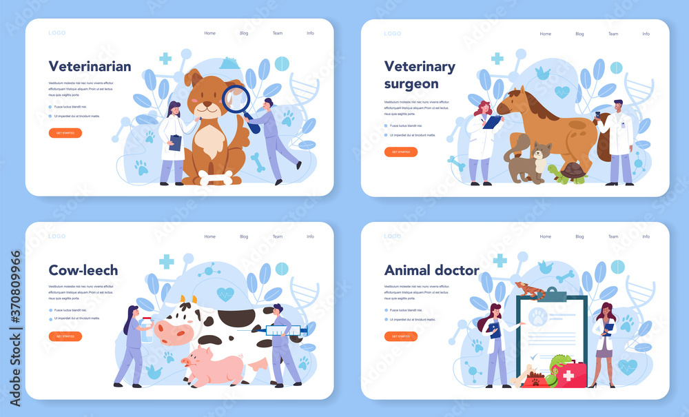 Pet veterinarian web banner or landing page set. Veterinary doctor Pet veterinarian web banner or landing page set. Veterinary doctor