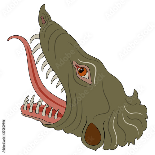 Head of fantastic monster beast. Dragon with open mouth and protruded tongue.