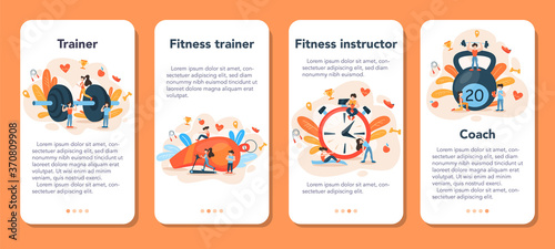 Fitness trainer mobile application banner set. Workout in the gym