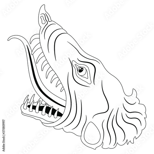 Head of fantastic monster beast. Dragon with open mouth and protruded tongue. Black and white silhouette.