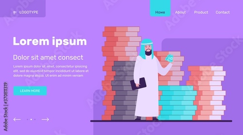 Arabic business man. Person in traditional ethnic clothes standing at huge heap of money cash flat vector illustration. Finance, success, capital concept for banner, website design or landing web page