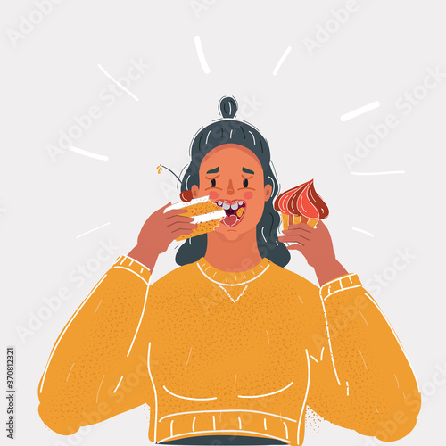 Vector illustration of hungry gluttonous woman eating cake and cupcake, isolated on white