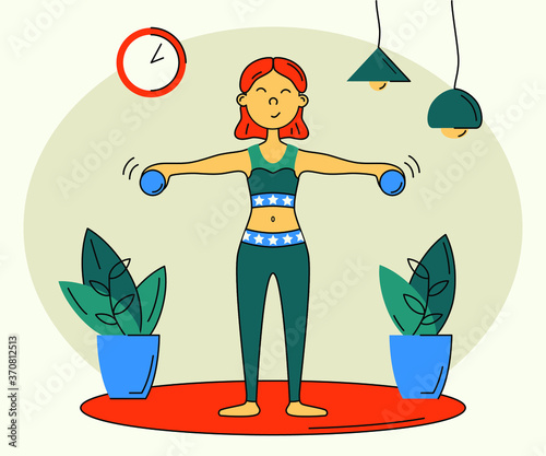 Vector color illustration: a girl at home doing exercises with dumbbells