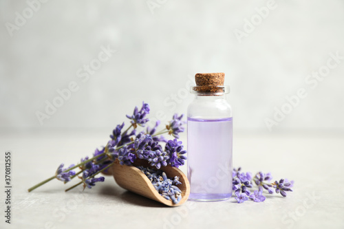 Bottle of essential oil and lavender flowers on light stone table photo
