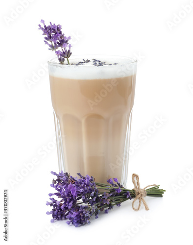 Delicious coffee with lavender on white background