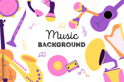 Classical musical instruments background: tambourine, harp, ets. Modern trendy flat illustration