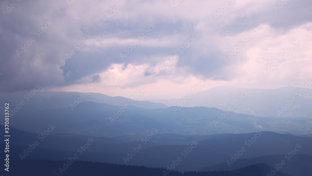 Carpathian Mountains. Panorama of green hills in summer mountain