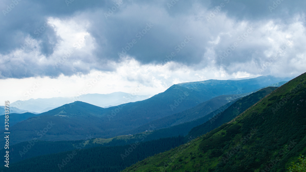 Carpathian Mountains. Panorama of green hills in summer mountain