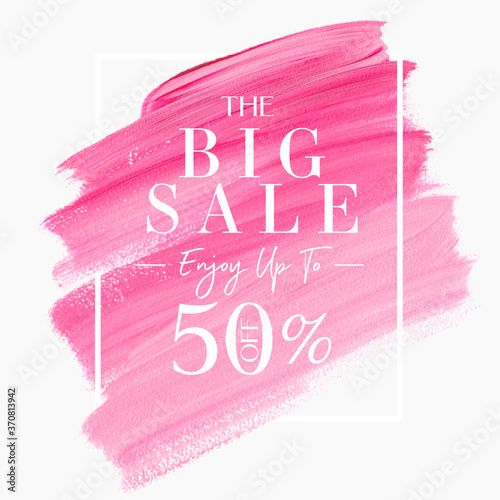 BIG SALE up to 50% off sign over pink  watercolor art brush stroke paint abstract background vector. Perfect acrylic design for a shop banner.