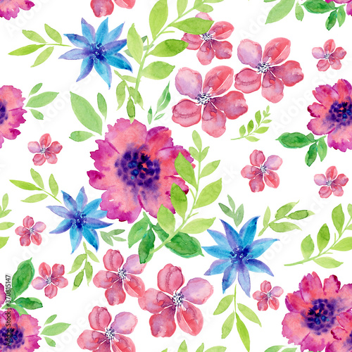 Seamless background with floral ornaments. A pattern of pink and blue flowers with green twigs. Watercolor flowers with drips and spots on a white background. Juicy summer background.