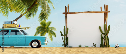Mockup board and blue old timer car with surfboard, suitcases and basketball on top on the beach in front of the ocean, 3D summer background illustration