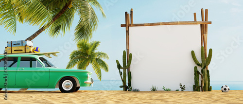 Mockup board and green old timer car with surfboard, suitcases and basketball on top on the beach in front of the ocean, 3D summer background illustration