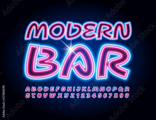 Vector electric emblem Modern Bar. Bright Neon Font. Creative Glowing Alphabet Letters and Numbers