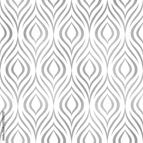 Peacock feather. Vector seamless pattern. Silver elegant floral background. Abstract geometric texture. Silver peacock feather. Contemporary wallpaper. Design prints. Bird plumage. Vector illustration