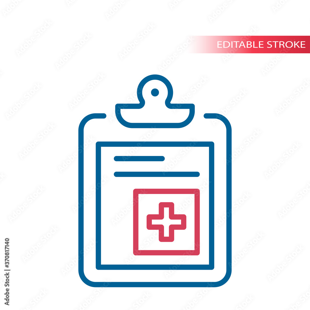 Patient card clipboard thin line vector icon. Hospital document paper board with medical cross outline symbol, editable stroke. Patient card clipboard thin line vector icon. Hospital document paper board with medical cross outline symbol, editable stroke.