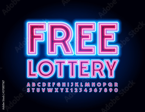 Vector business promo Free Lottery. Neon electric Font. Bright Illuminated Alphabet Letters and Numbers