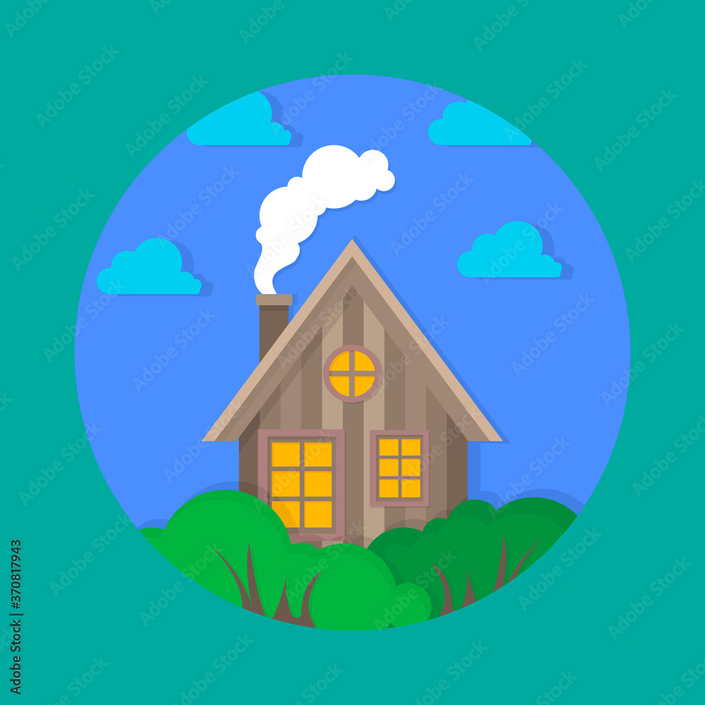 A sketch of a wooden hut with smoke from a chimney. Vector house A sketch of a wooden hut with smoke from a chimney. Vector house