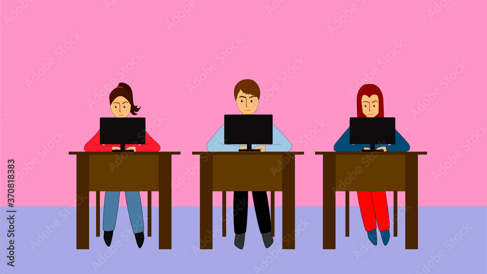 Cartoon illustration of three students working at laptops in classroom. Learning class, group. Studying together. Education and internet concept