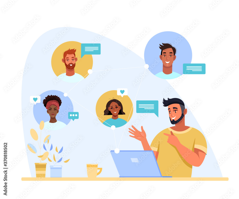 Video conference illustration with man freelancer communicating with diverse people online. Corporate teamwork and virtual meeting concept in flat style. Video conference and chat banner with avatars Video conference illustration with man freelancer communicating with diverse people online. Corporate teamwork and virtual meeting concept in flat style. Video conference and chat banner with avatars