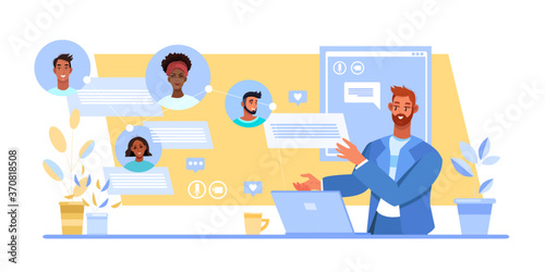 Video chat illustration with man tutor and diverse students’ avatars, laptop, home workplace. Virtual meeting and teamwork concept with teacher and smiling people. Video chat banner in flat style