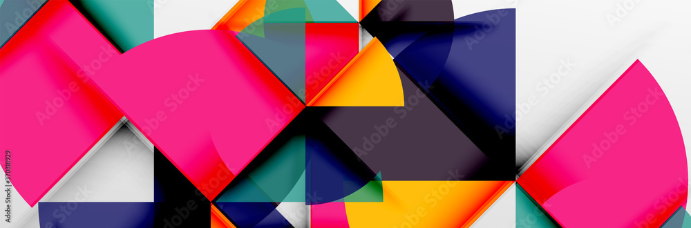 Bright color circles, abstract round shapes and triangles composition with shadow effects. Vector modern geometric design template