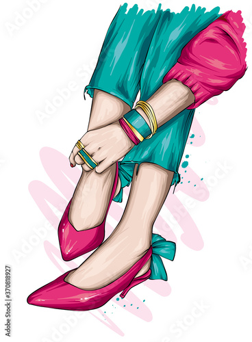 Long slender legs in tight trousers and high-heeled shoes. Fashion, style, clothing and accessories. Vector illustration. Stylish girl.