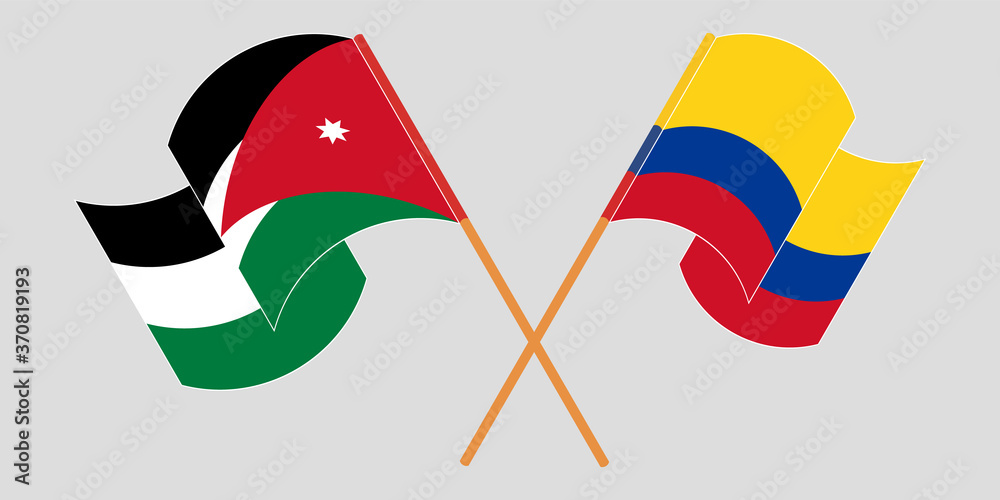 Crossed and waving flags of Jordan and Colombia Crossed and waving flags of Jordan and Colombia