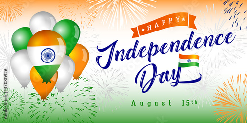 Happy Independence Day in India creative congrats. Isolated abstract graphic design template. Saffron, green, white and blue colors. Calligraphic lettering. Decorative calligraphy. Holiday background.
