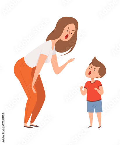 Family abuse. Woman son scream together. Family argue or quarrel. Isolated cartoon angry mother and boy vector characters. Son and mother, woman parent angry and quarrel illustration