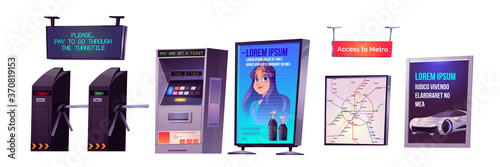 Entrance to metro station with turnstile, ticket machine and subway map. Vector cartoon set of underground railway interior with secure access, electronic gates, display and advertising stand