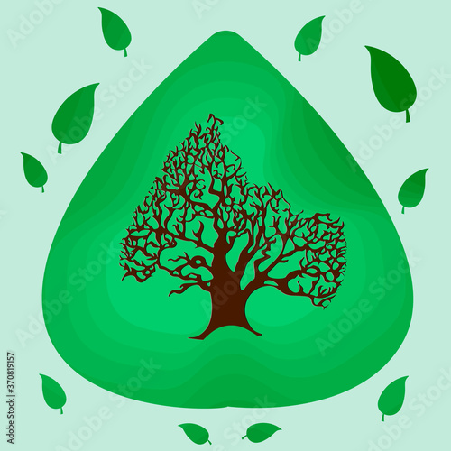 Picture of dark wood. Sketch on the background of a green abstract oval drawing.