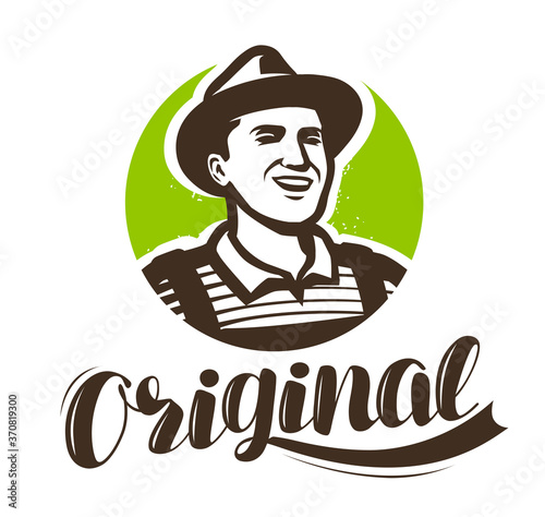 Happy farmer with hat logo. Agriculture, farming symbol