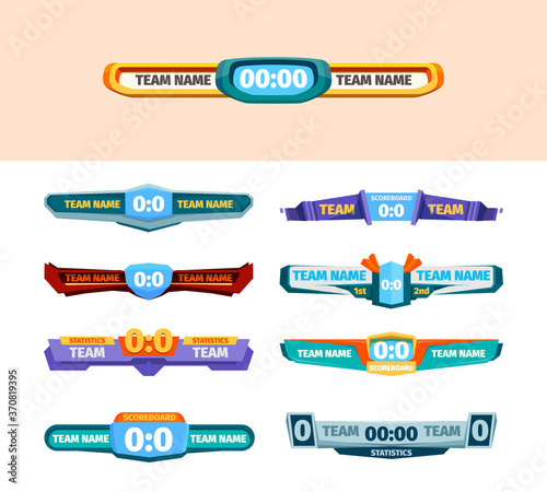 Scring boards. Score graphics versus players information banners timer and team statistics vector template. Illustration competition and championship, football tournament score